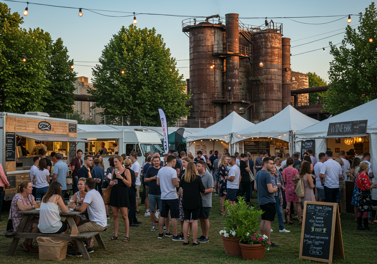 People waiting in line for food at the Salt Shed