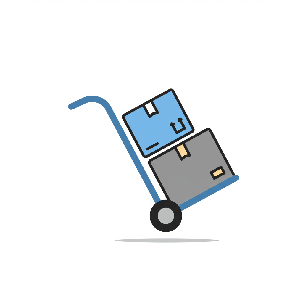 Two moving boxes stacked on a blue hand truck.
