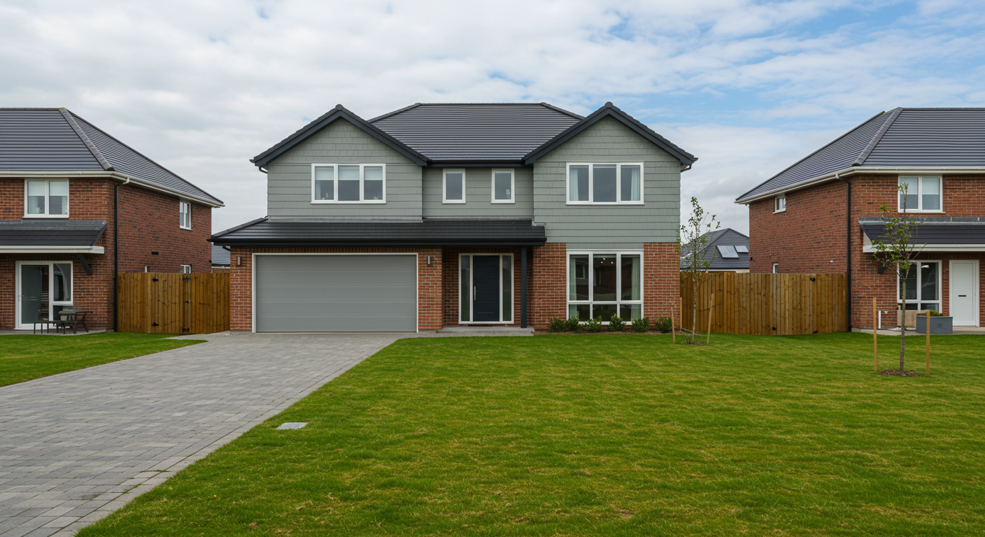 Two-story gray-and-brick house with a single garage, broad paved driveway, and green front lawn.
