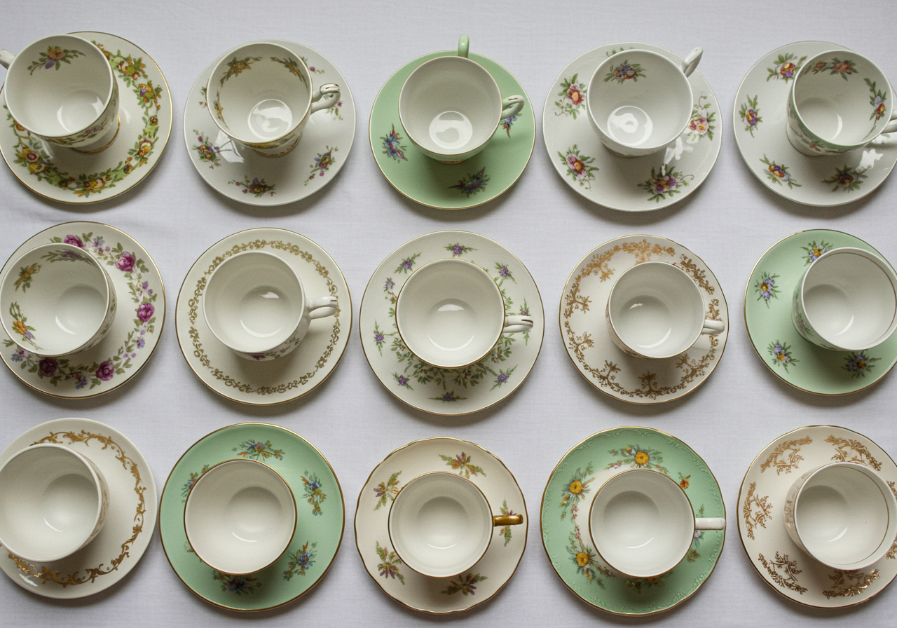 Vintage floral teacups and saucers arranged in rows, including several with green saucers.