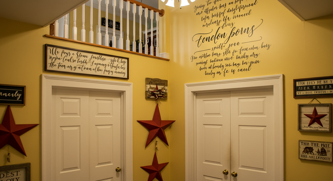 Yellow foyer with white double doors, an upstairs landing, wall lettering, and red star decorations.