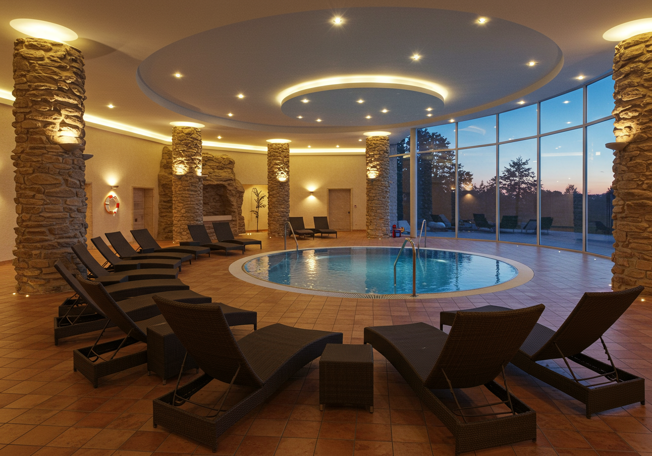 A serene indoor pool area with a curved design, surrounded by lounge chairs and illuminated by soft lighting.