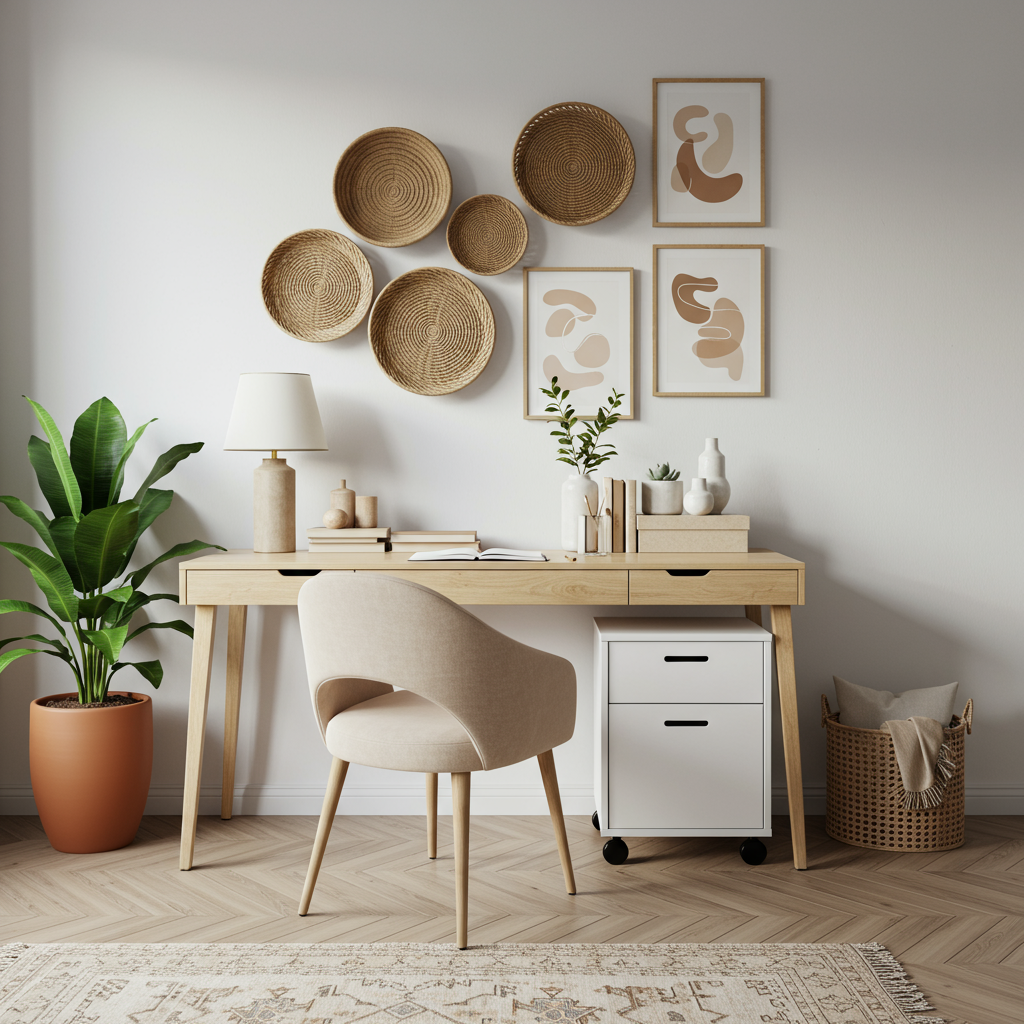 A home office with a gallery wall above the desk. 