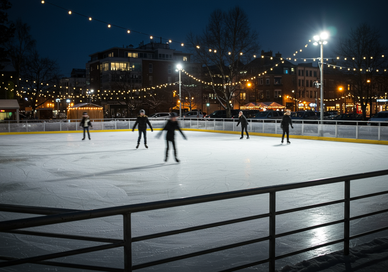 Ice skaters create a blur of motion on an outdoor skating rink in Grand Rapids, Michigan.