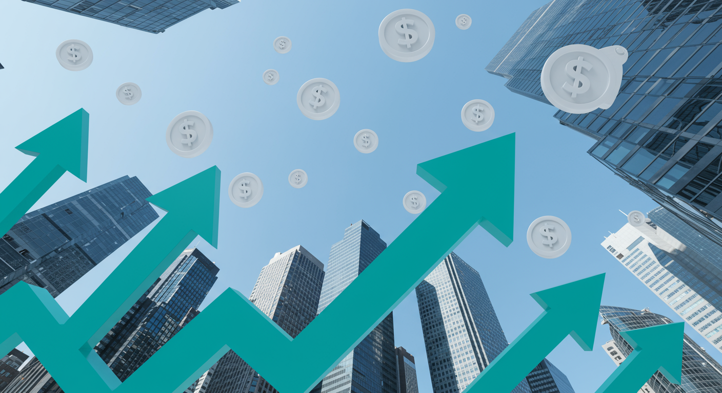 Real estate market trends showing increasing housing prices with upward arrows and dollar signs.