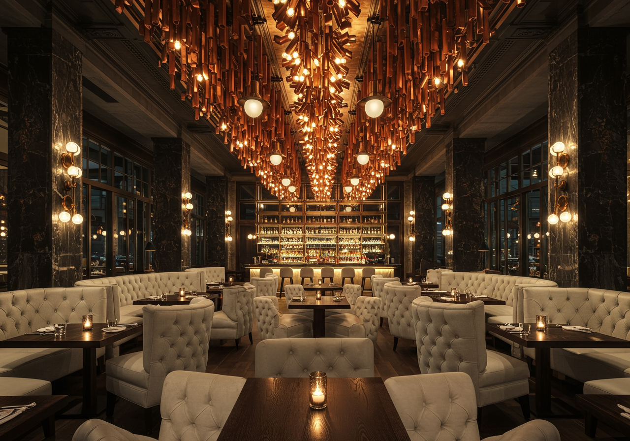 Restaurant dining room with cream tufted booths and a dramatic amber-lit ceiling above the bar.