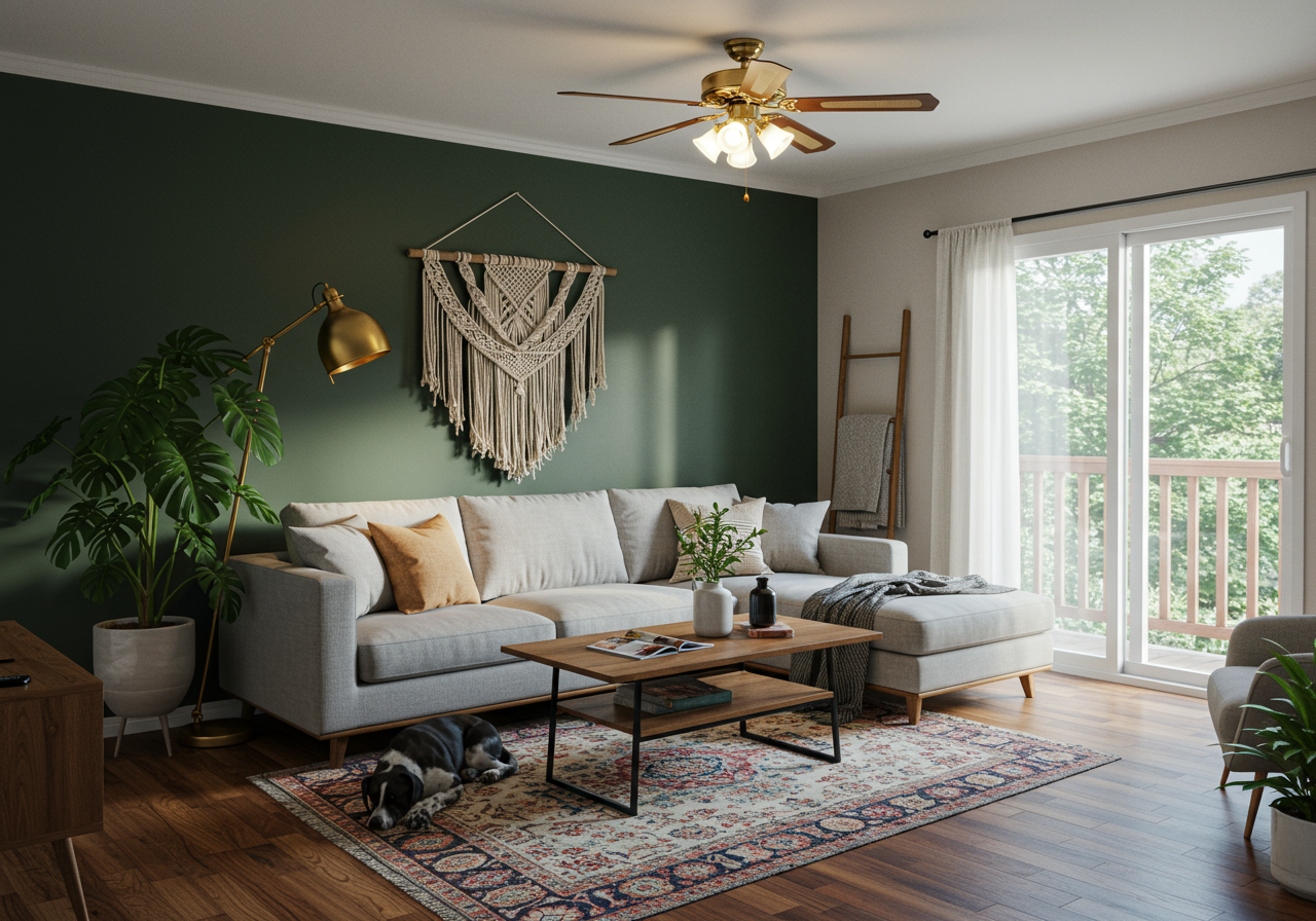 living room with a dark green wall that has a grey couch pushed against it, a natural wood coffee table sit atop an aztec print rug with a dog in front of the coffee table