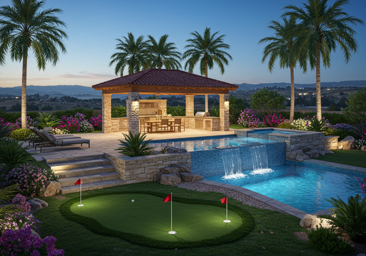 Side view of backyard with putting green, waterfall edge on infinity pool, covered patio with sunken entertaining area and rooftop waterfall and golf course views