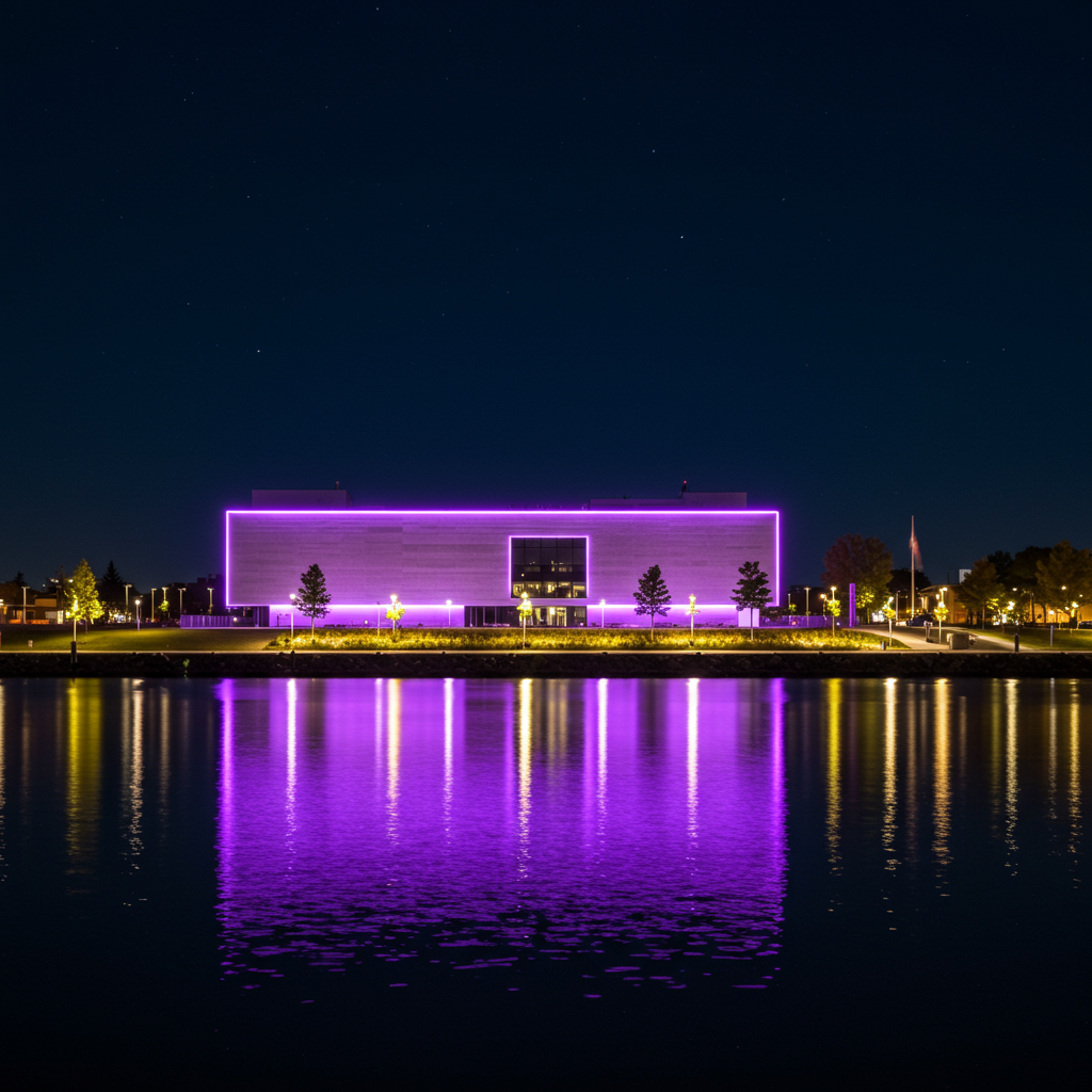 LED exterior of Tampa Museum of Art from Tampa Riverwalk in Florida