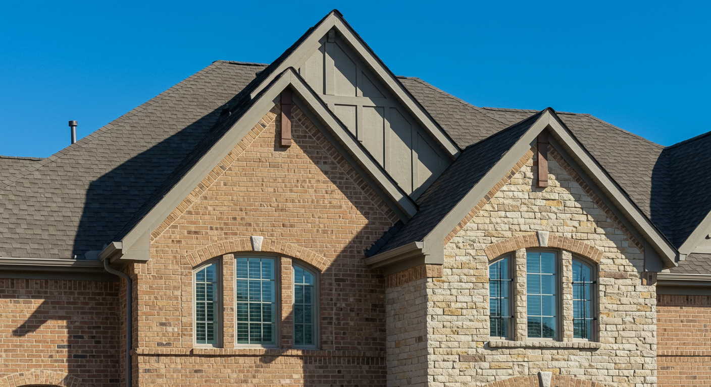 Brick and Stone Home With Gabled Roof, Asphalt Shingles