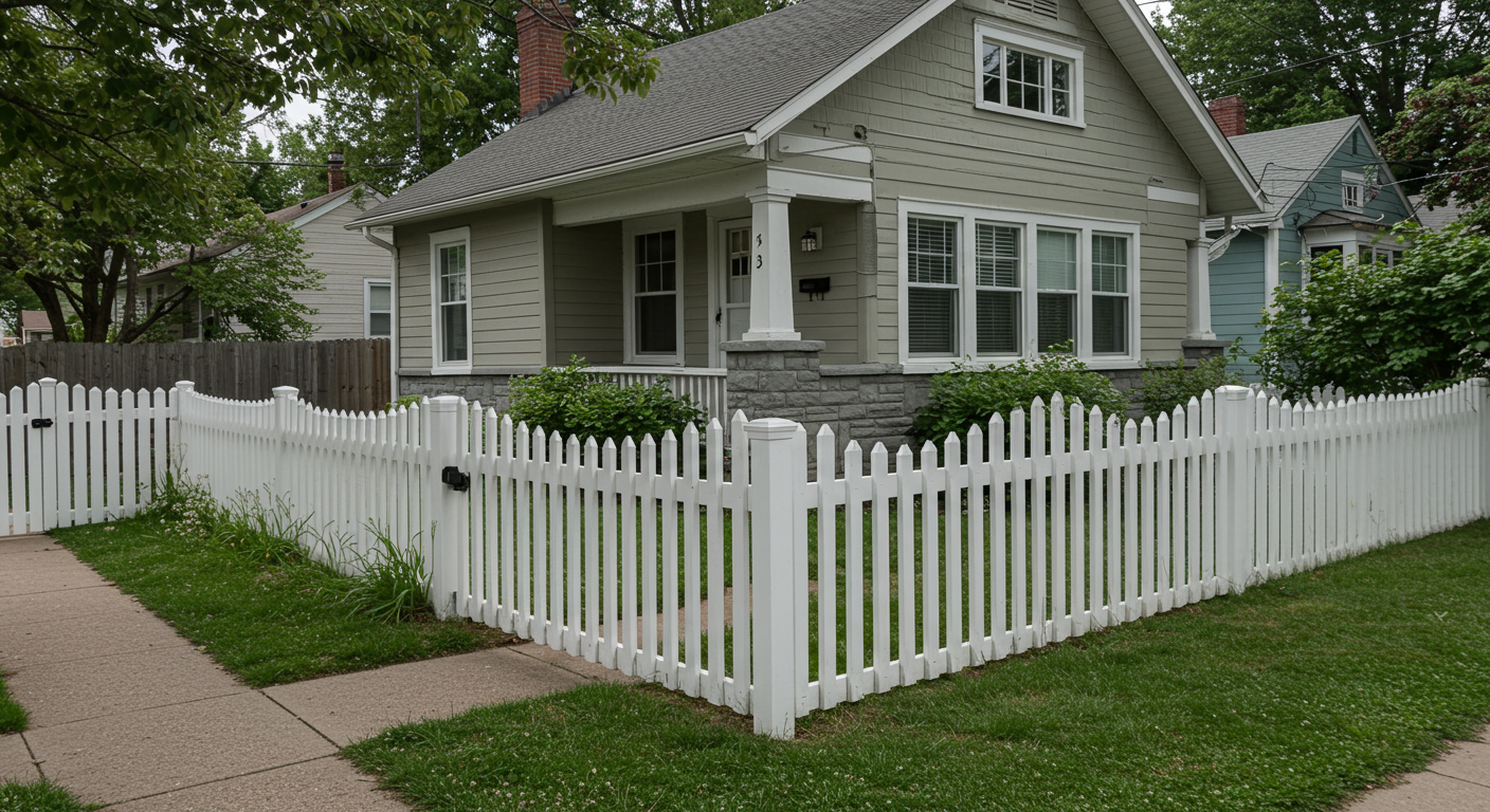 A bungalow with white fence