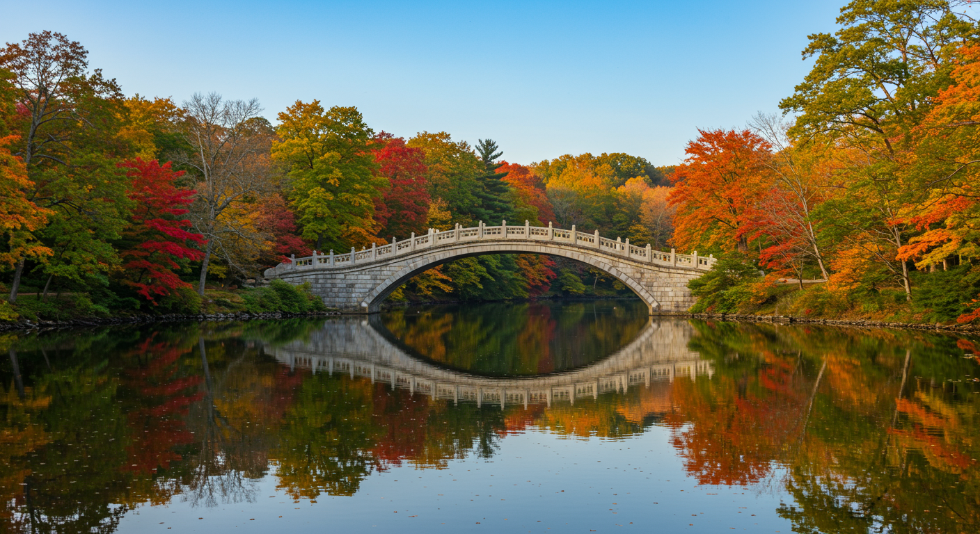 Dazzling fall foliage reflected in the water in Central Park.