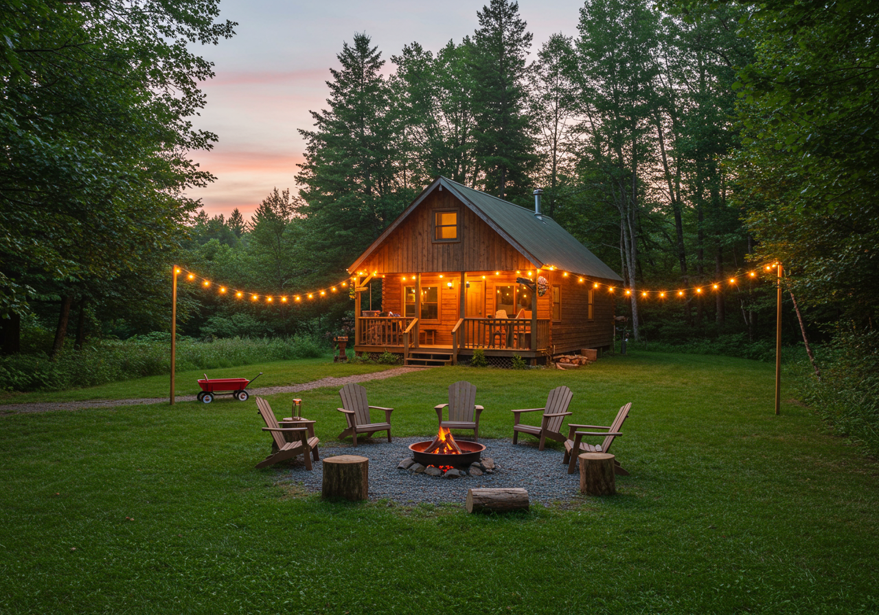 Wooden cabin with string lights and a fire pit seating area in a forested yard.