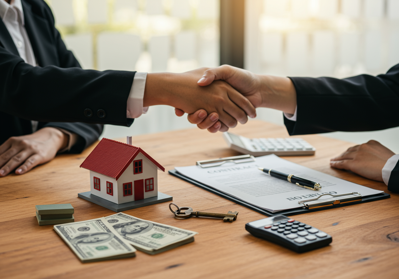 People shaking hands over a contract.