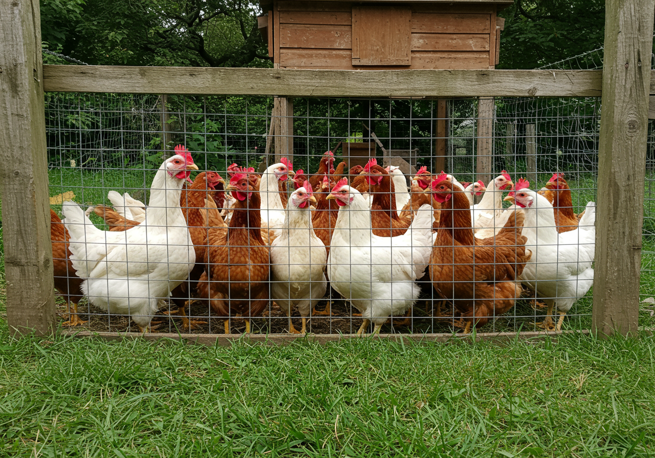 A group of chickens in a backyard coop.