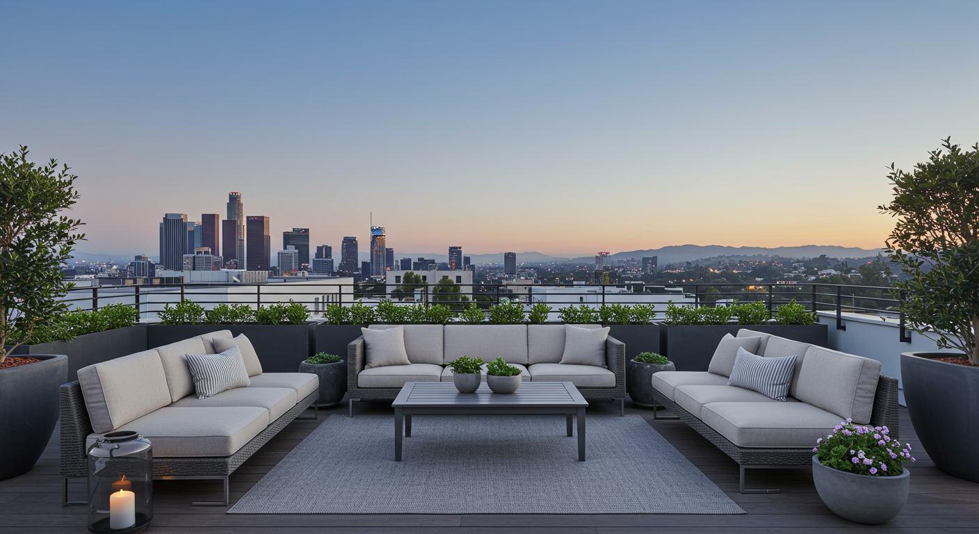 a deck with a couch and a table with a view of the water