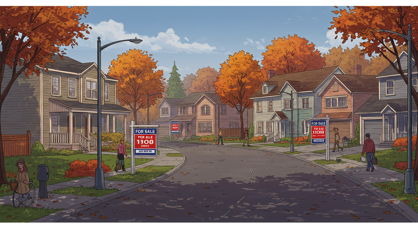 Illustrated autumn neighborhood street lined with homes and for-sale signs.