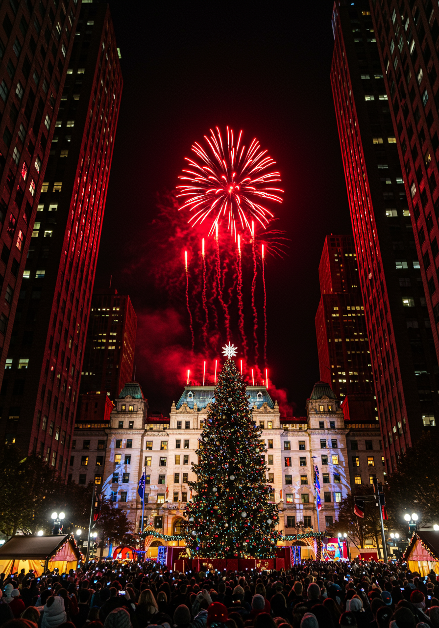 Highmark Light Up Night in Downtown Pittsburgh, with lights and festive atmosphere