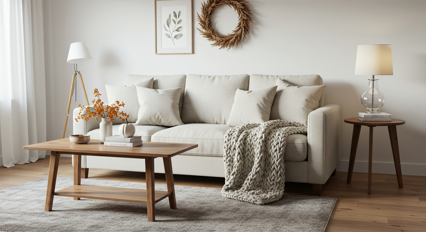 A cozy living room with a light-colored couch, pillow, blanket, coffee table, side table, hardwood flooring, and white walls.