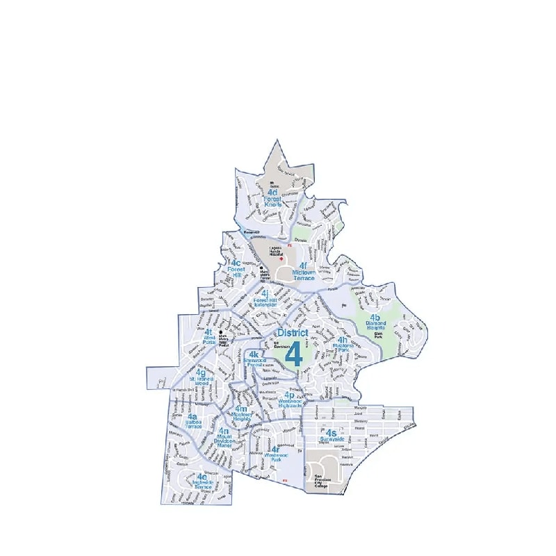 A comprehensive map of District Four in San Francisco, California. The map showcases the boundaries and prominent streets of this diverse and lively neighborhood.