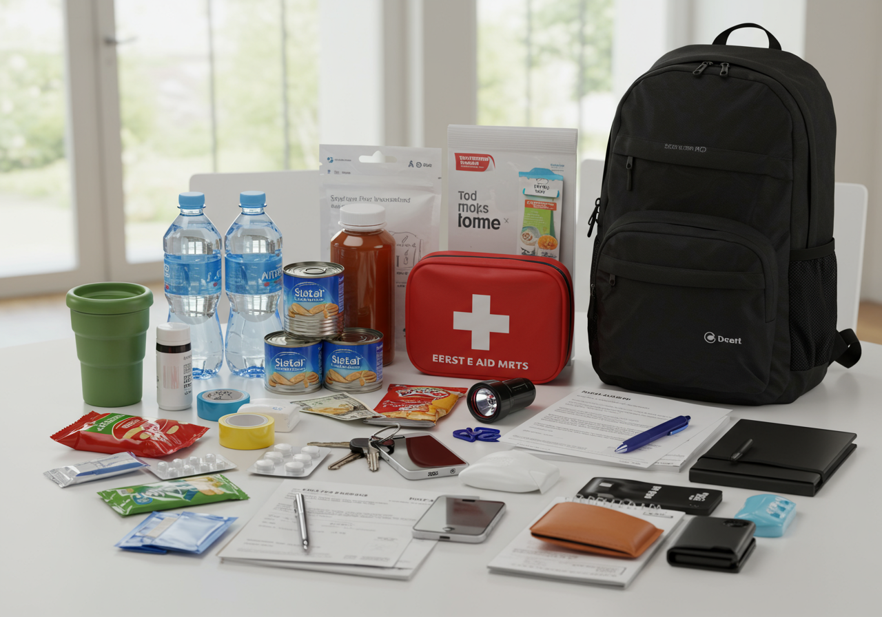 Emergency kit essentials laid out on a table, ready for preparation during Texas's unpredictable spring weather.