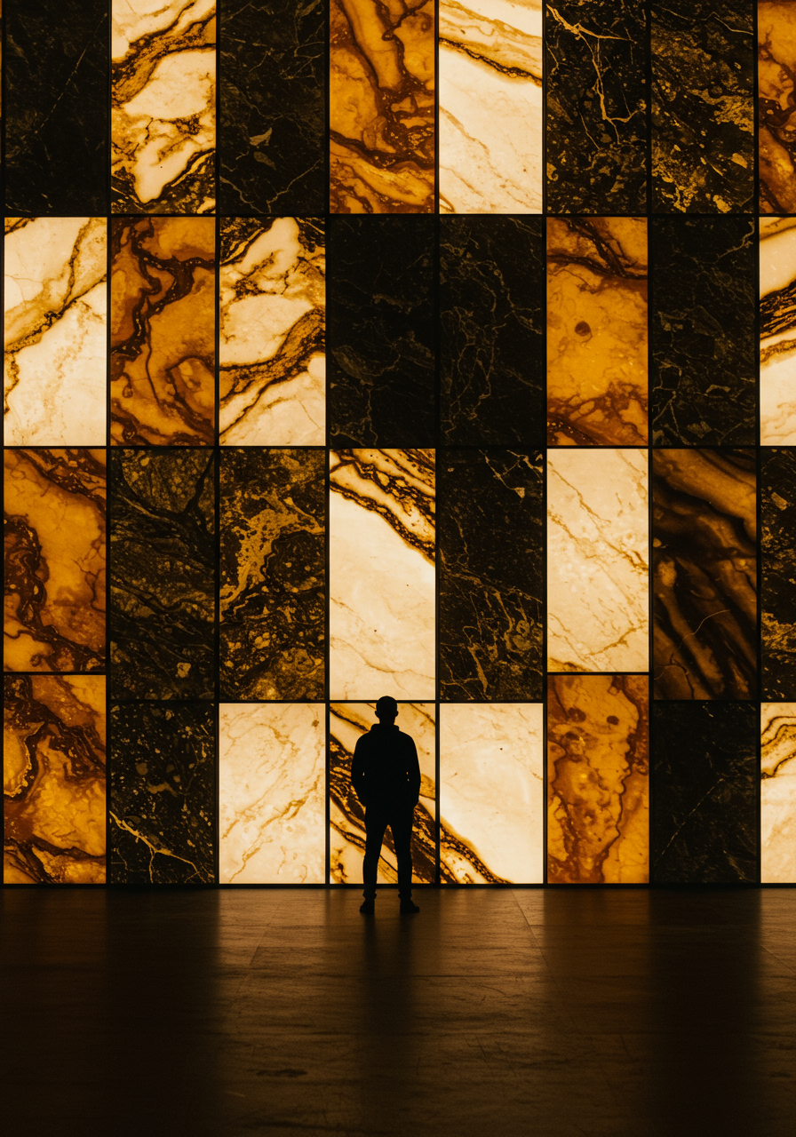 Backlit against the striated stone Ramus stands in the perimeter hallway that surrounds the theaters.