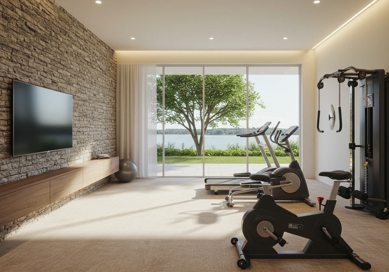 The home gym overlooks the pool.