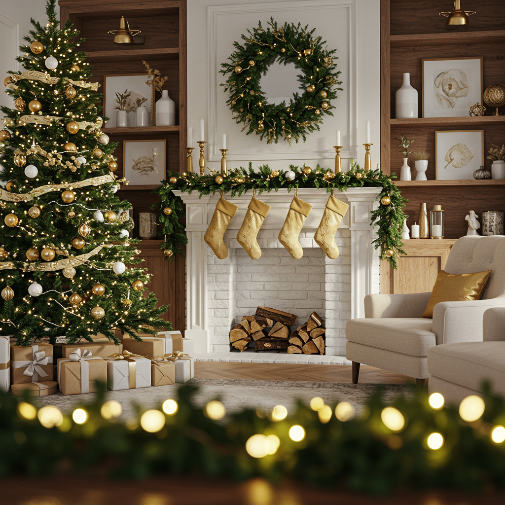 christmas tree in woven basket in living room