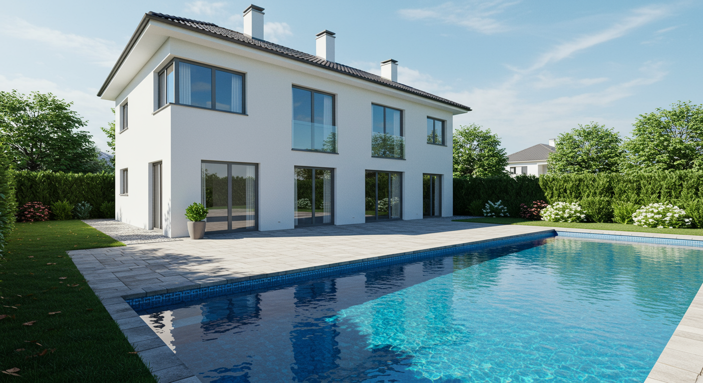 a white house with a pool