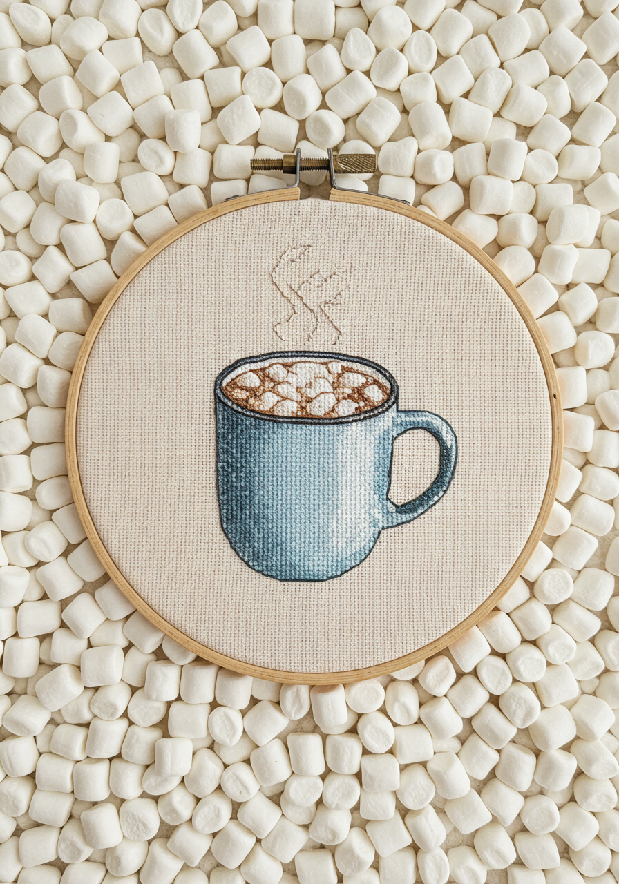 cross stitch pattern of a mug of hot chocolate with marshmallows