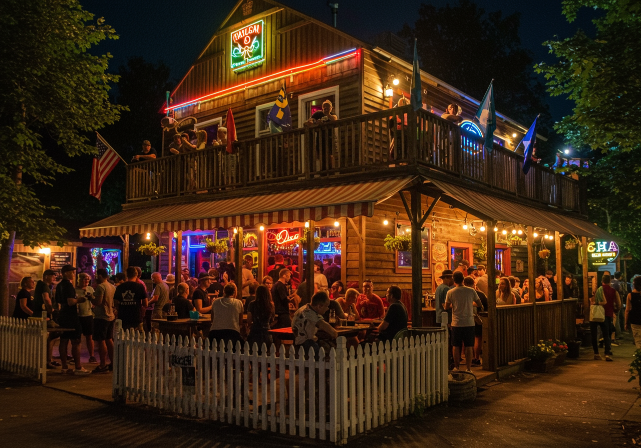 Patrons gathered for outdoor drinks and food at Brogen's South on St. Simons Island, GA at night