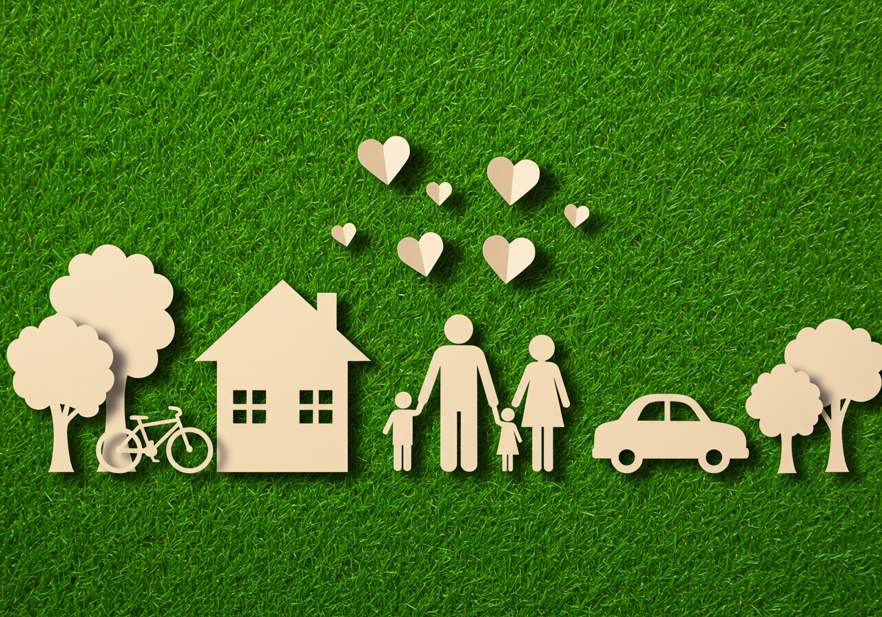 Paper cutout home, family, trees, bicycle, and car arranged on grass beneath hearts.