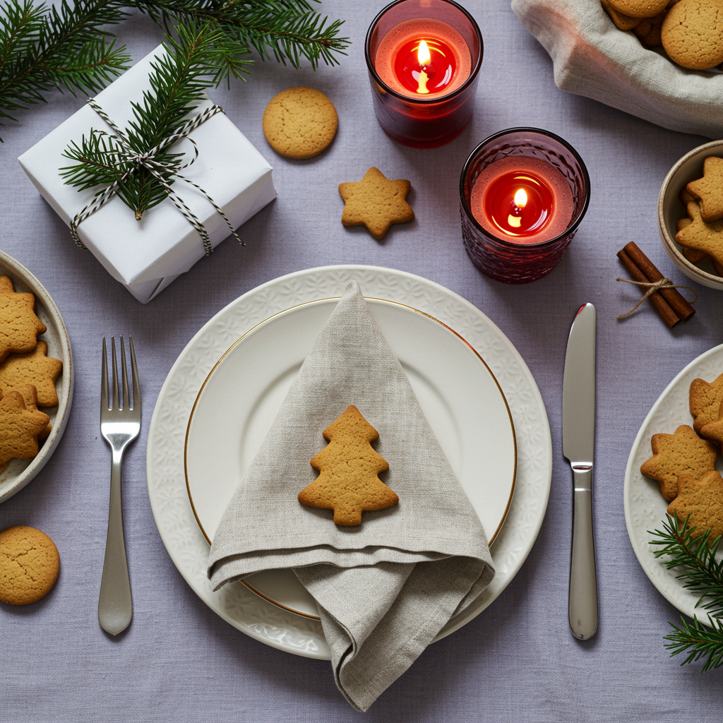 napkin in the form of a christmas tree on a plate on white tablecloth with gifts and decorations with fir sprigs and gingerbread cookies