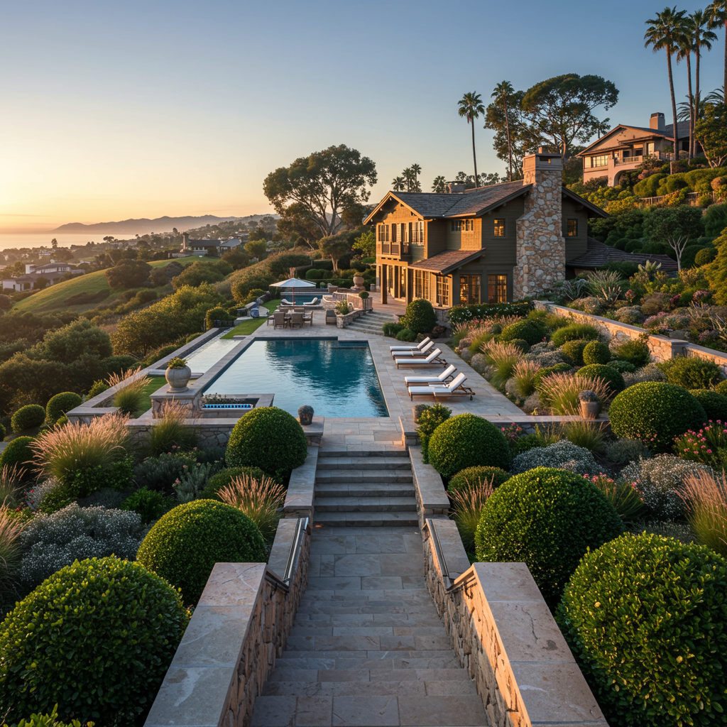 Temple Hills neighborhood above downtown Laguna Beach, CA, with panoramic views.