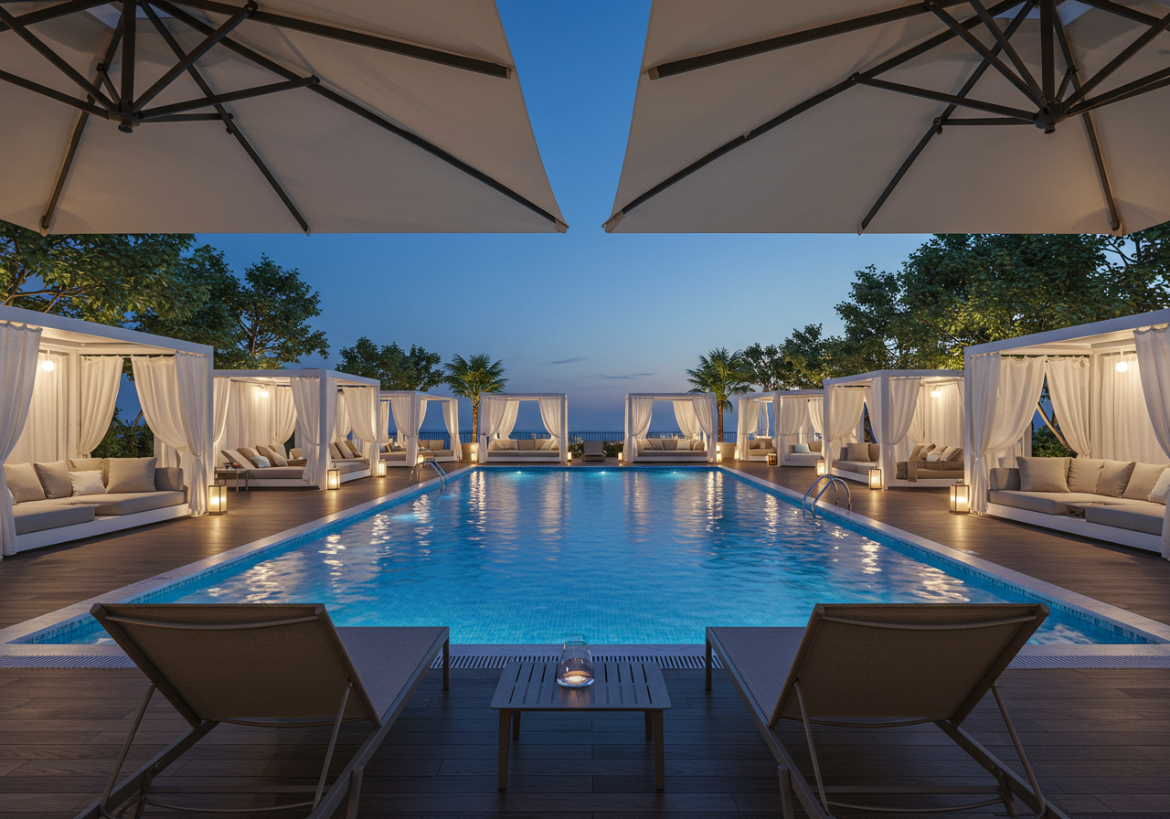 Outdoor pool at dusk with curtained cabanas, lounge seating, and deck chairs.