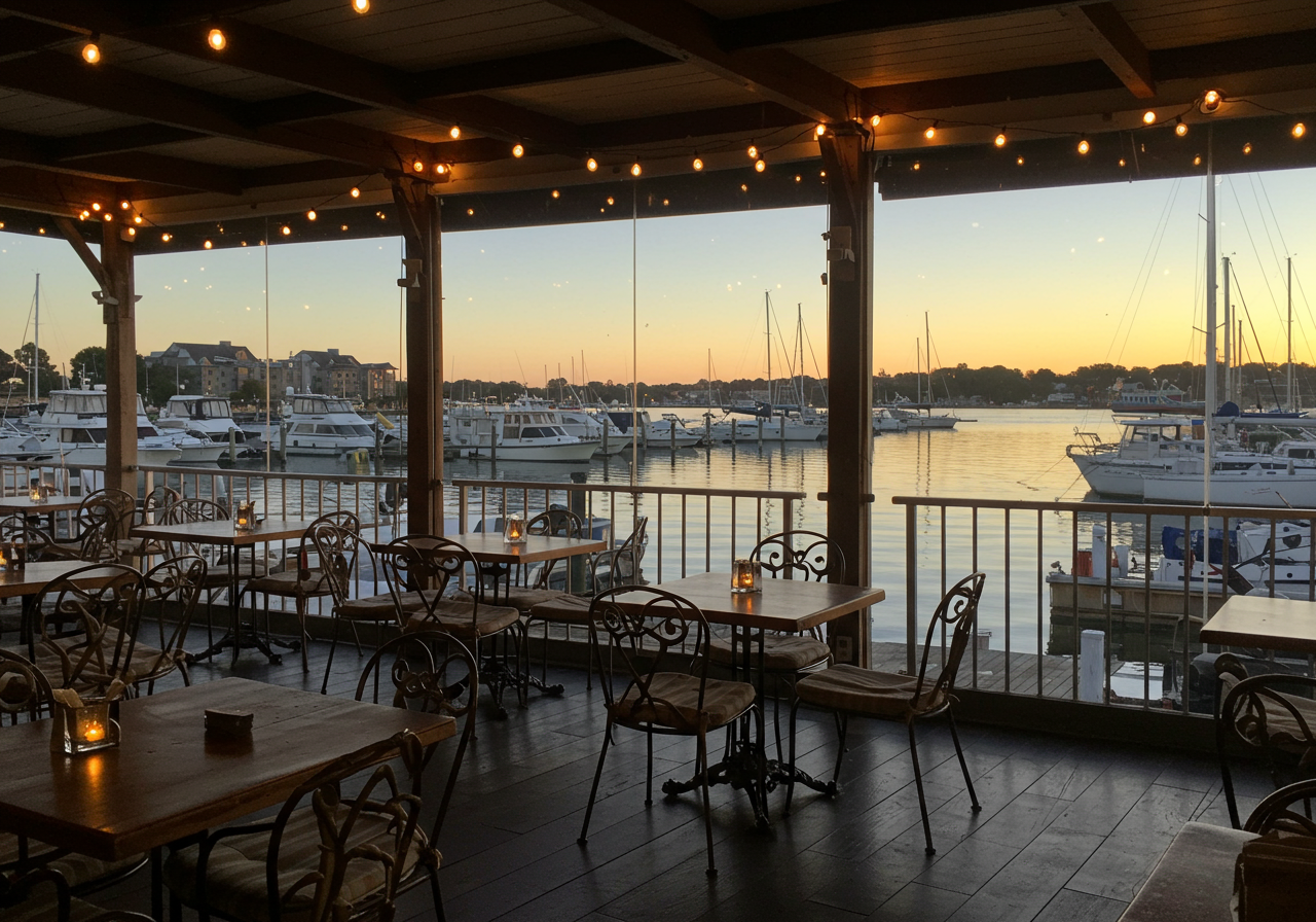 Waterfront restaurant dining area with sunset view and docked boats visible through large windows.
