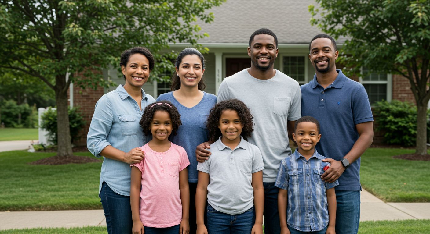 Seven-member family poses on a lawn in front of a brick house.