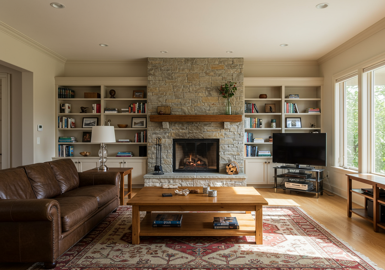 Living Room Interior With Stacked Stone Fireplace, Tustin Ca