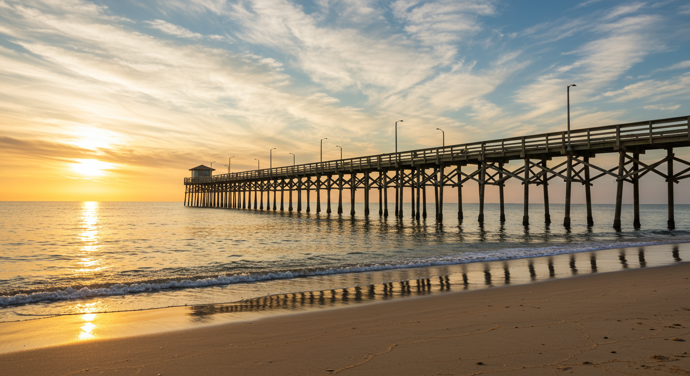Seal Beach pier and ocean at sunset