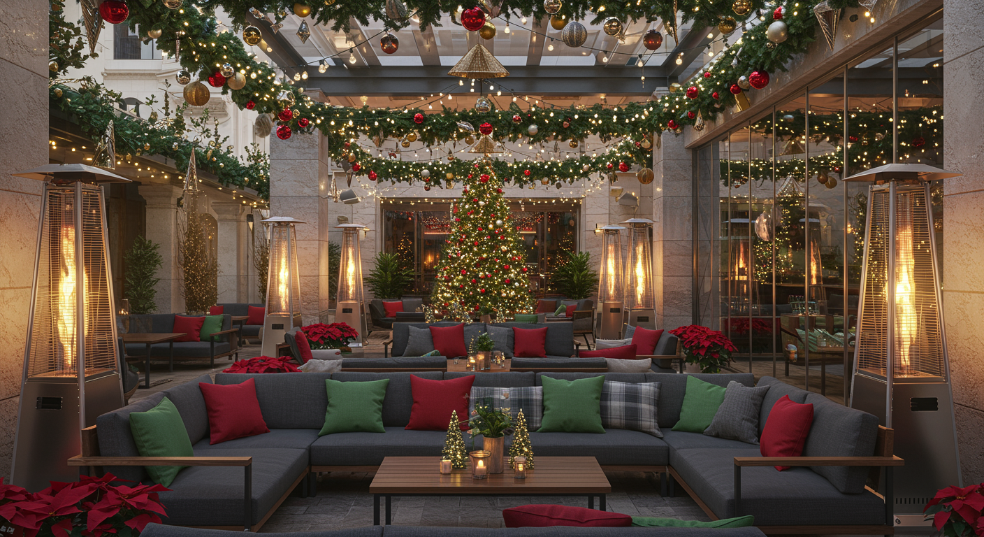 The Vault Garden patio decorated for the holidays.