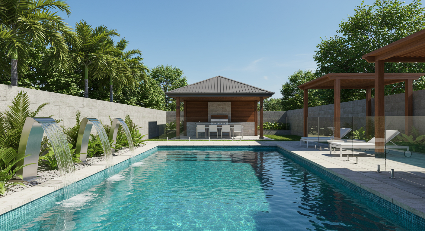 Swimming pool with glass fence and timber gazebo