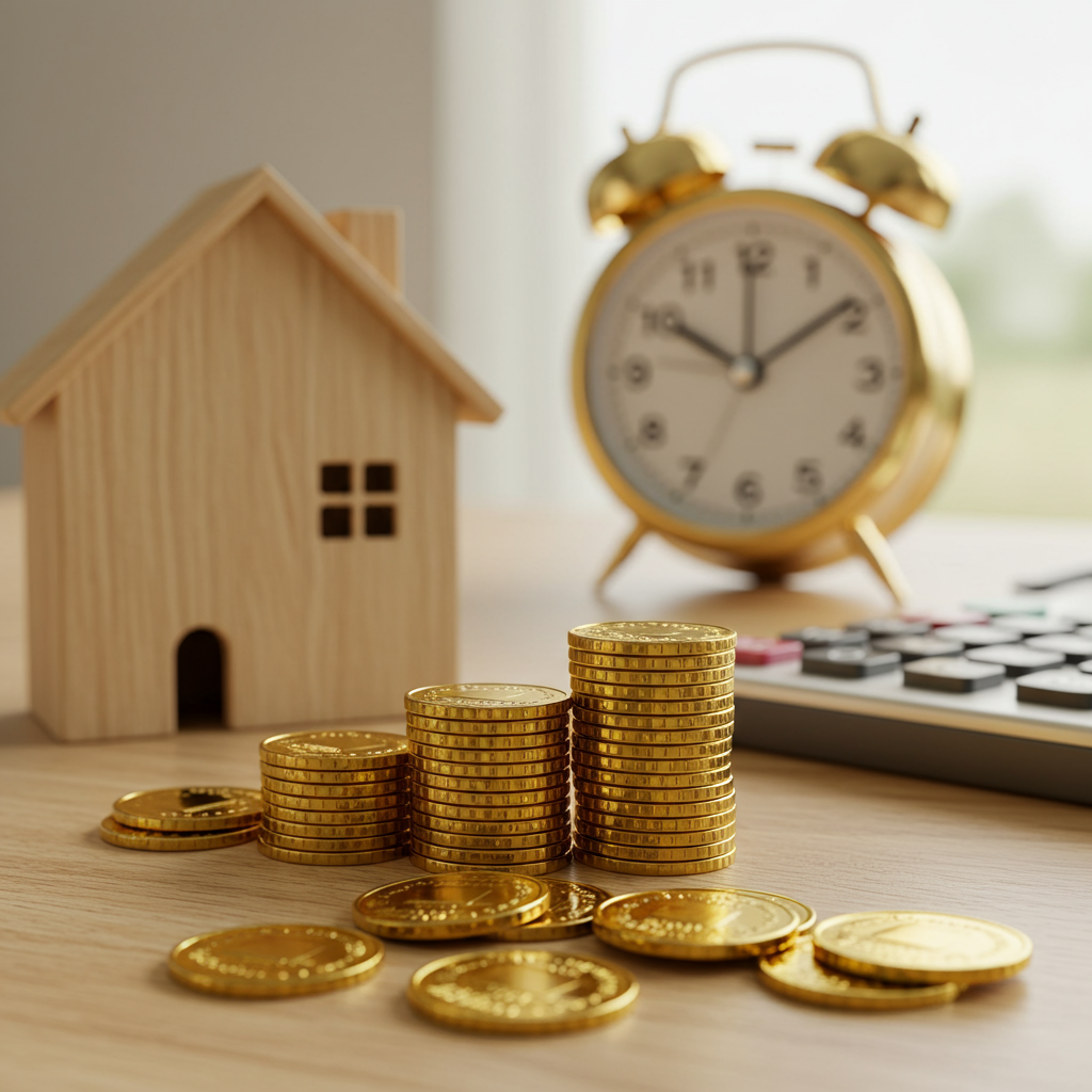 a clock, calculator, money, and a home