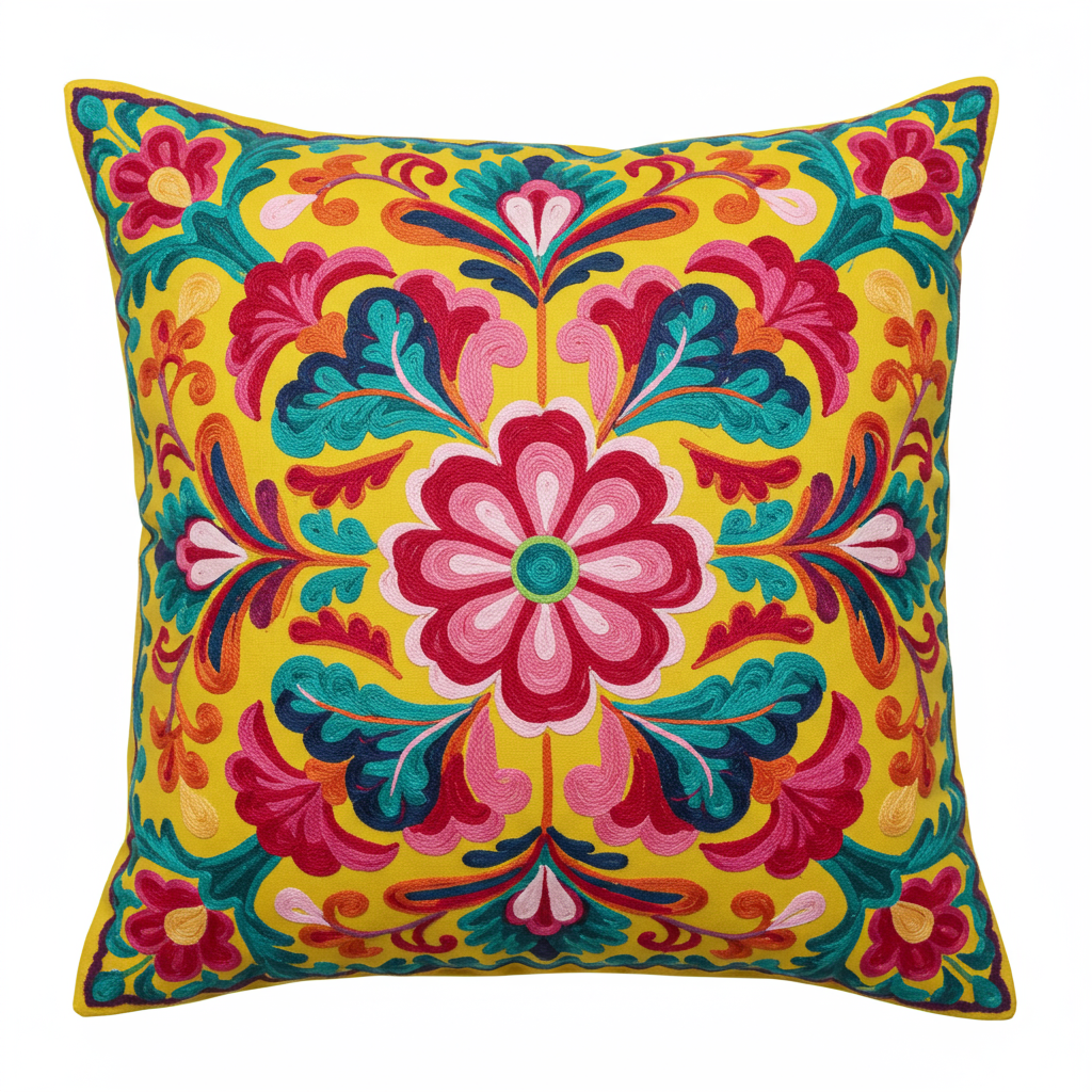 yellow embroidered cushion 