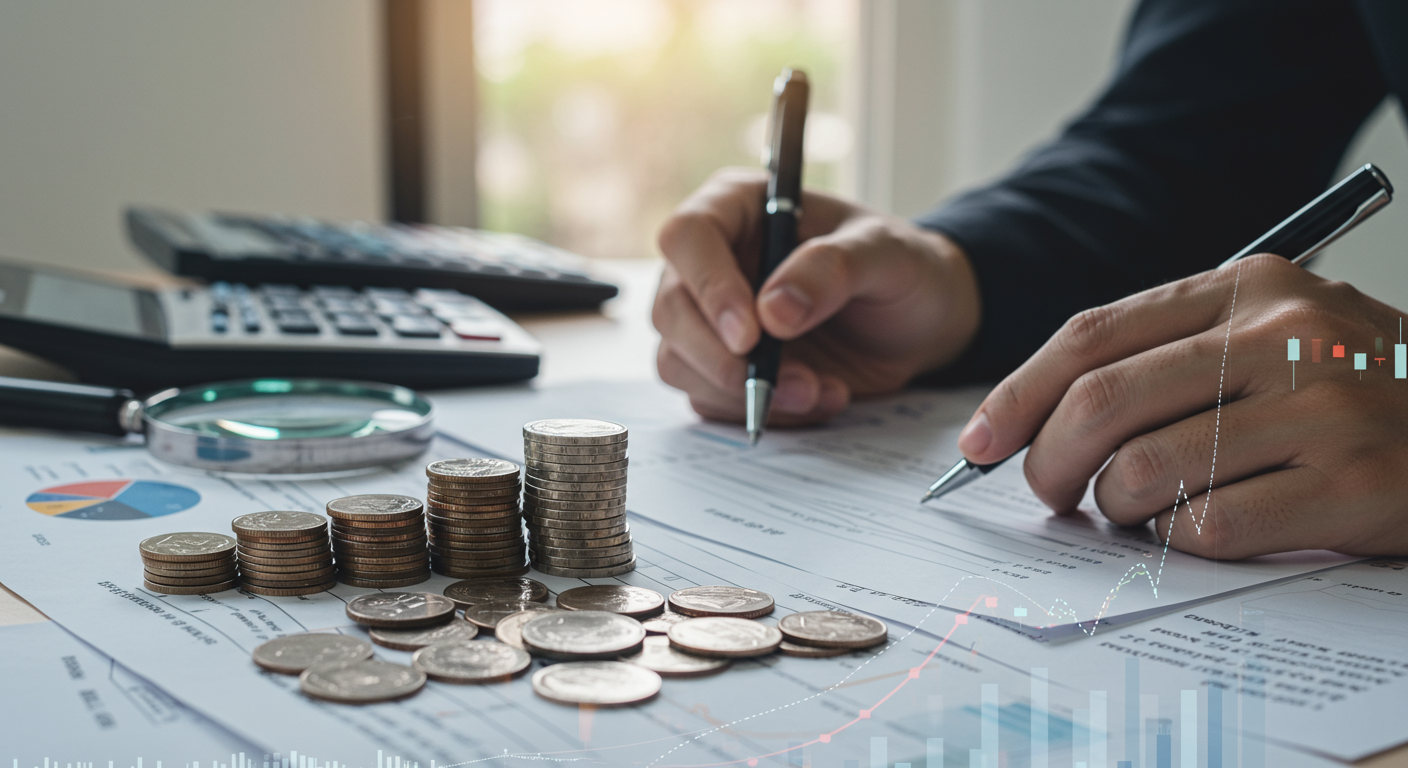 Hands reviewing financial paperwork beside rising stacks of coins and a calculator.