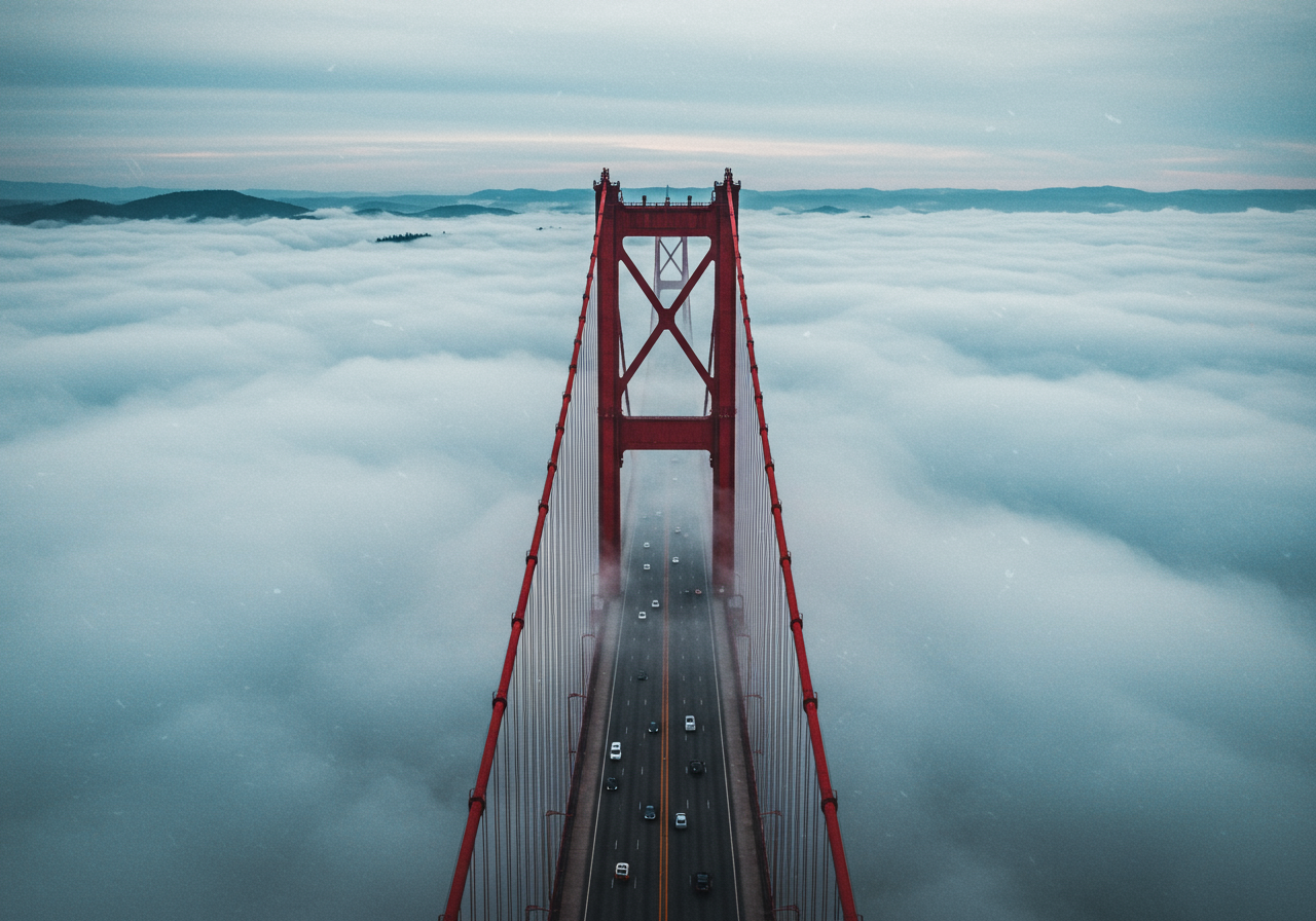 SAN FRANCISCO, CA - SEPTEMBER 08: The north tower of the Golden Gate Bridge is seen surrounded by fog on September 8, 2013 in San Francisco, California.