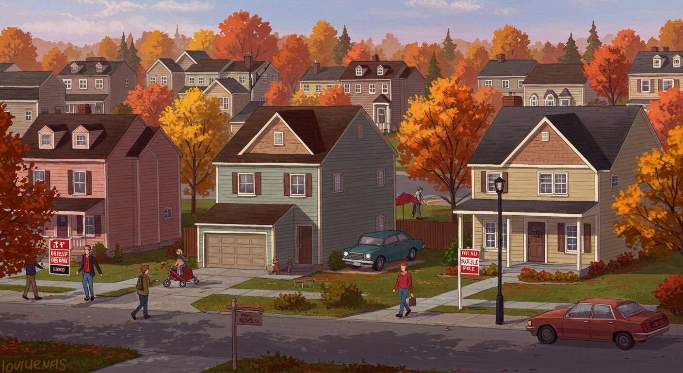 Illustrated suburban homes with autumn foliage, pedestrians, parked cars, and for-sale signs.