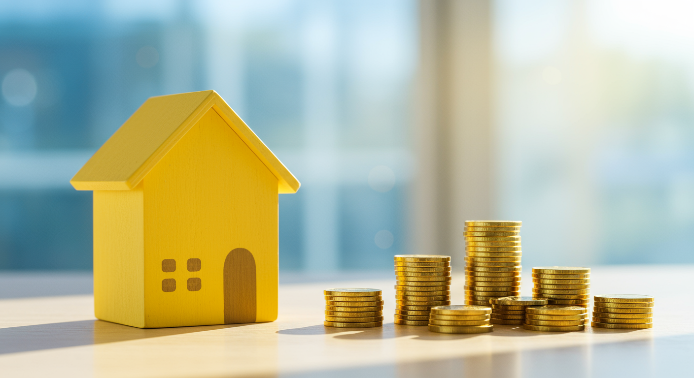 Yellow model house beside uneven stacks of gold coins on a sunlit tabletop.