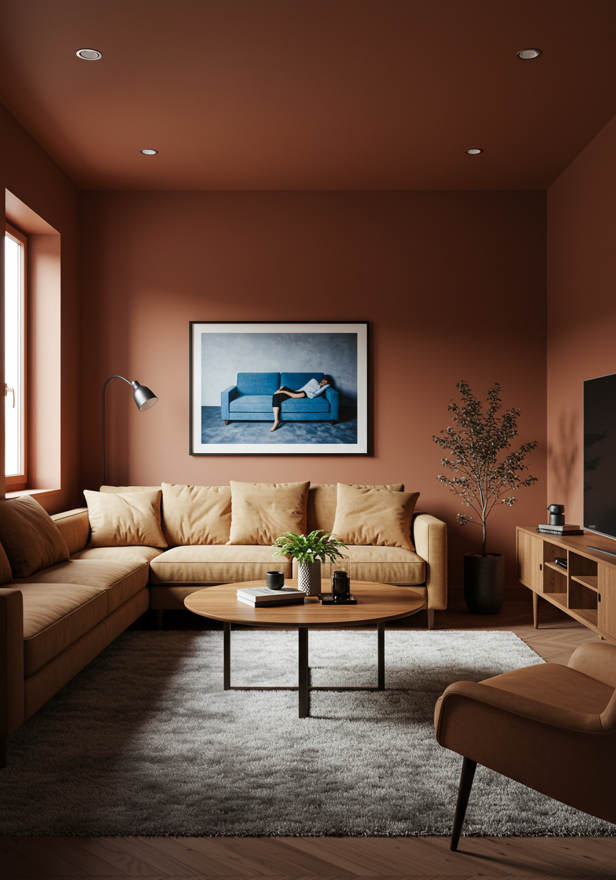 A room with burnt-orange floors and ceilings, and a large photograph of a woman crouched on the corner of a couch on the wall. A large television faces a light brown sofa, with a circular wooden table in the center.