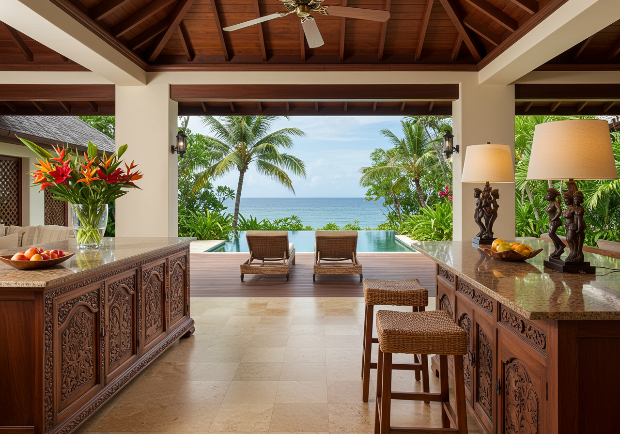 indoor-outdoor living space at Balinese-style estate in Launiupoko maui
