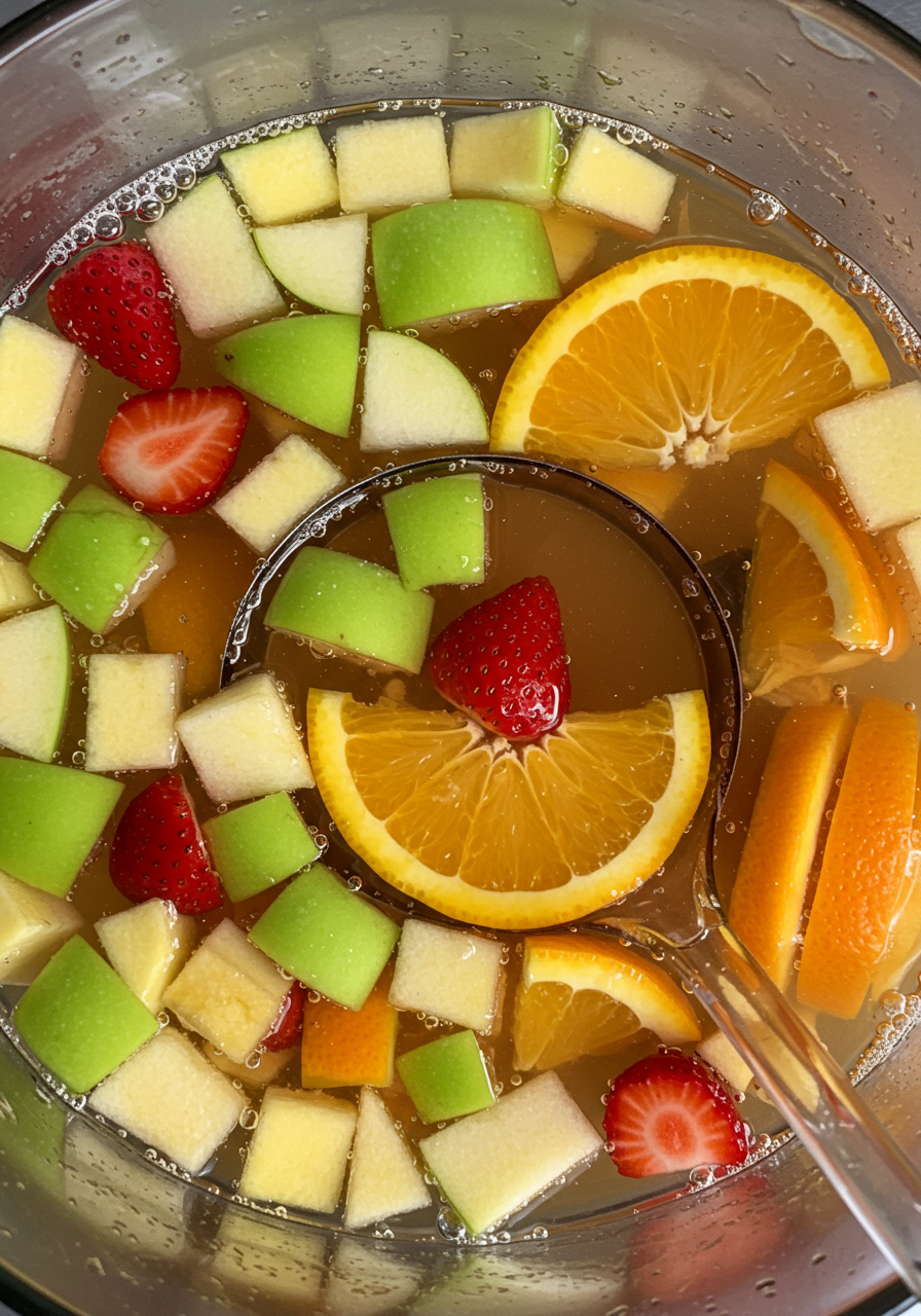 green apple moscato sangria with strawberries, oranges, and green apples